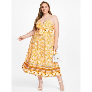 Plus Size & Curve Bohemian Bowknot Floral Print Maxi Dress