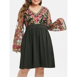 Plus Size Fit And Flare Embroidery Gauze Sleeve Dress