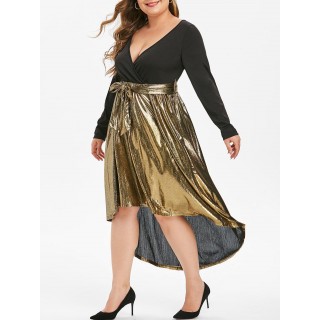 Long Sleeve Gilded Shiny High Low Plus Size Surplice Dress