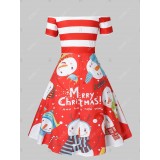 Plus Size Christmas Off The Shoulder Snowman Print Dress