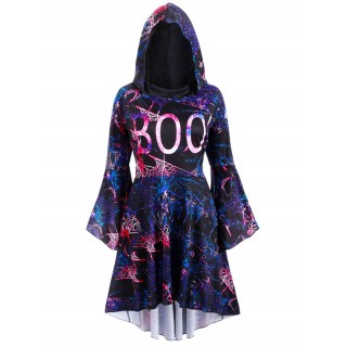 Flare Sleeve Galaxy Print High Low Hooded Plus Size Dress