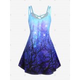 Plus Size 3D Glitter Sparkles Three Print Crisscross Sleeveless A Line Dress