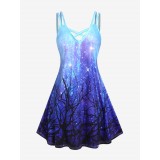 Plus Size 3D Glitter Sparkles Three Print Crisscross Sleeveless A Line Dress