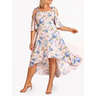 Plus Size & Curve Cottagecore Floral Print Cold Shoulder High Low Midi Dress