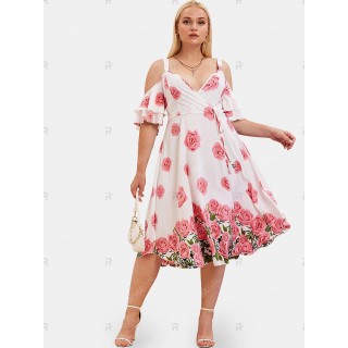 Plus Size & Curve Cottagecore Bell Sleeve Cold Shoulder Floral Print Dress