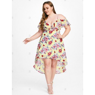 Cold Shoulder Ruffled Floral Print High Low Plus Size & Curve Midi Dress