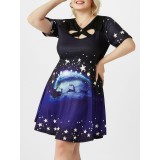 Plus Size Elk Moon Print Cutout Crossover Christmas Dress