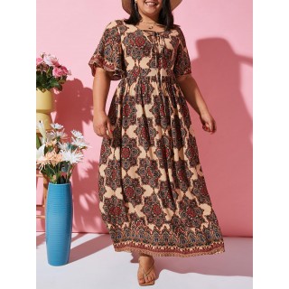 Flutter Sleeve Ethnic Printed Lace Up Plus Size Dress