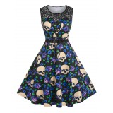 Plus Size Skull Floral Print Lace Insert 50s Dress