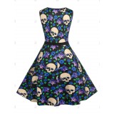 Plus Size Skull Floral Print Lace Insert 50s Dress