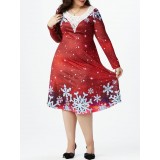 Plus Size Lace Panel Snowflake Print Christmas Dress