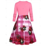 Plus Size Plaid Floral Print Empire Waist Midi Dress