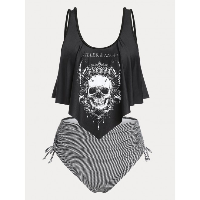 Plus Size & Curve Gothic Skull Print Ruffled Overlay Tankini Swimwear