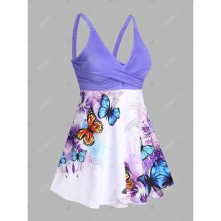 Crossover Butterfly Print Plus Size Swim Dress Set