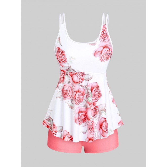 High Waist Rose Print Plus Size & Curve Modest Tankini Swimsuit