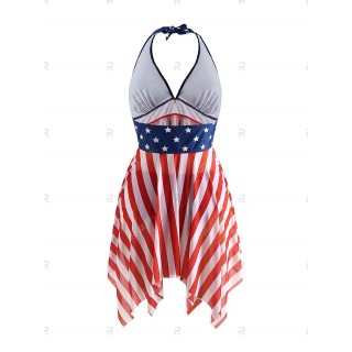 Plus Size Halter Patriotic American Flag Print Backless Handkerchief Tankini Swimsuit