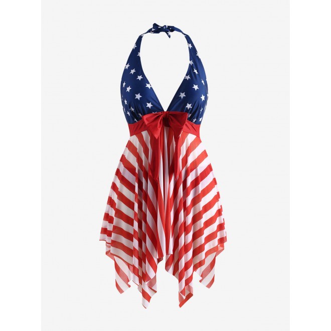 Plus Size Halter Patriotic American Flag Print Backless Handkerchief Tankini Swimsuit