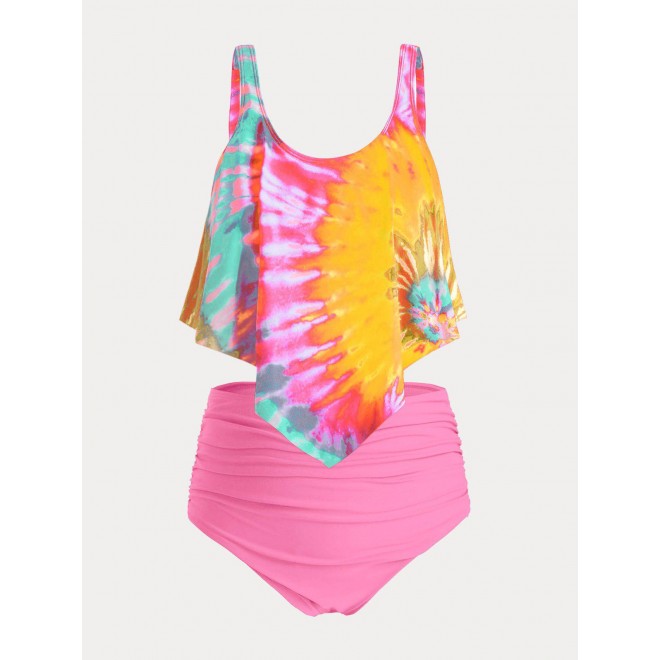 Plus Size & Curve Tie Dye Padded Ruch Overlay Tummy Control Tankini Swimsuit
