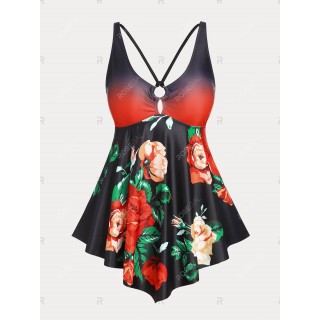 Floral Print Ombre Color Plus Size & Curve Modest Tankini  Swimsuit
