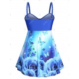 Plus Size & Curve Butterfly Rose Print Ruched Empire Waist Tankini Swimsuit