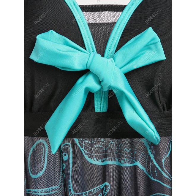 Bowknot Plunge Starfish Shell Print Plus Size & Curve Handkerchief Tankini Swimsuit