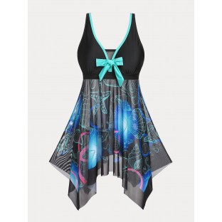 Bowknot Plunge Starfish Shell Print Plus Size & Curve Handkerchief Tankini Swimsuit