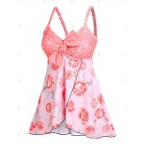 Plus Size & Curve Bowknot Rose Print Overlap Modest Tankini Swimsuit