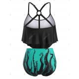 Plus Size & Curve Octopus Printed O-Ring Ruched Padded Tummy Control Tankini Swimsuit