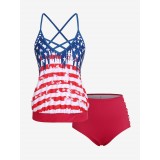 Plus Size Patriotic American Flag Print Crisscross High Waist Tankini Swimsuit