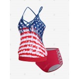 Plus Size Patriotic American Flag Print Crisscross High Waist Tankini Swimsuit