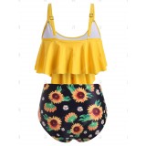 Ruffled Overlay Sunflower Print Plus Size & Curve Modest Tankini Swimsuit