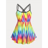 Plus Size & Curve Rainbow Zigzag Crisscross Modest Tankini Swimsuit