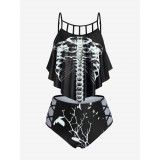 Plus Size Gothic Skeleton Print Ruffled Overlay Cutout Tankini Swimsuit