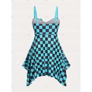 Bowknot Checkerboard Print Plus Size & Curve Handkerchief Modest Tankini  Swimsuit