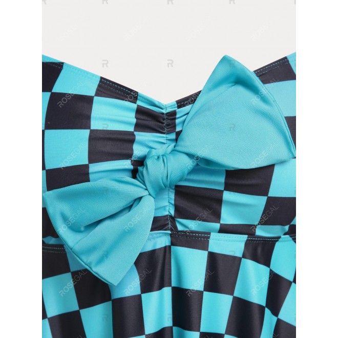 Bowknot Checkerboard Print Plus Size & Curve Handkerchief Modest Tankini  Swimsuit