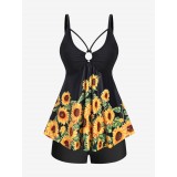 Plus Size Sunflower Print High Waist Modest Boyleg Tankini Swimsuit