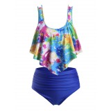 Plus Size Overlay Tie Dye Planet Print Tankini Swimwear