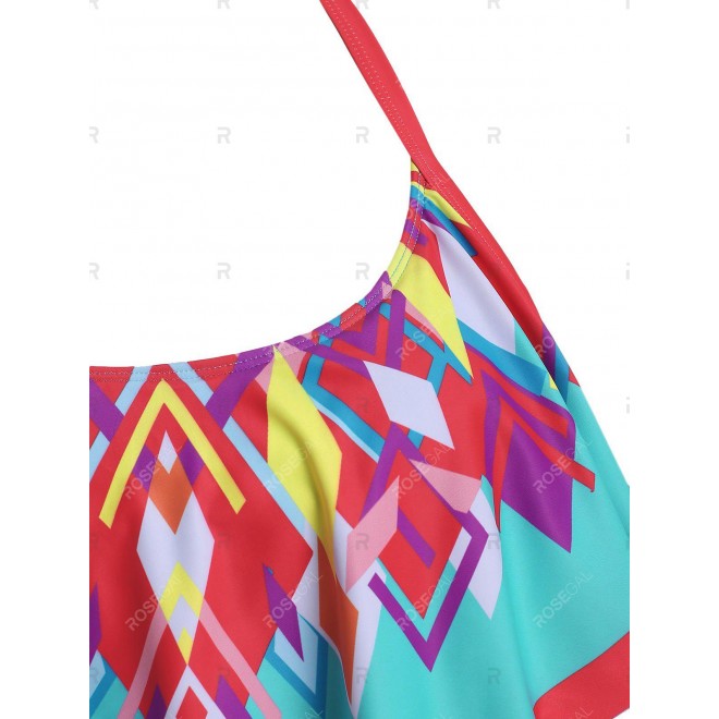 Plus Size Ruffled Geometry Cinched Tankini Swimwear