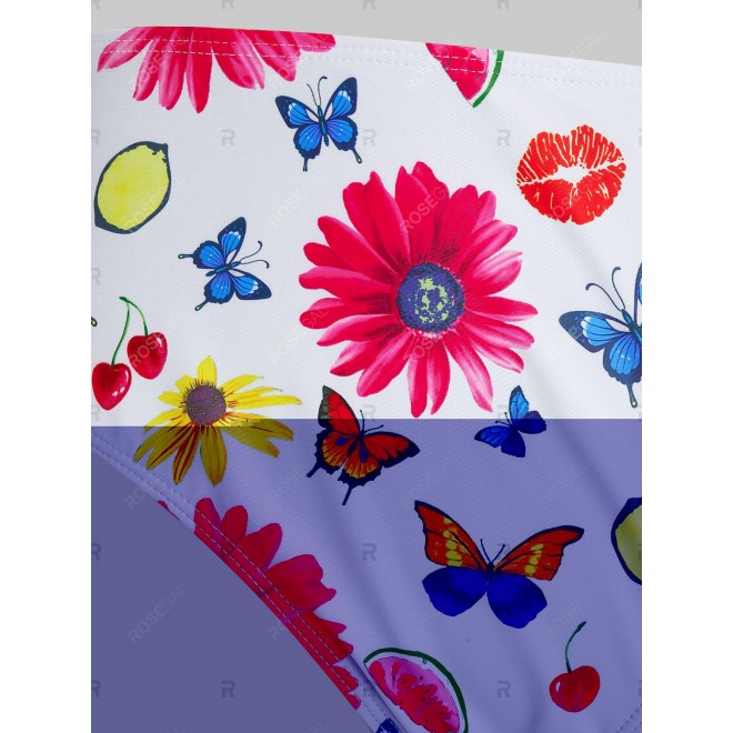Plus Size Flower Butterfly Lattice High Waisted Tankini Swimwear