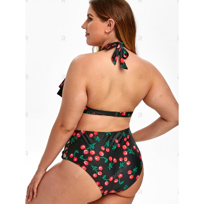 Plus Size Crisscross Cherry Print Tankini Swimwear