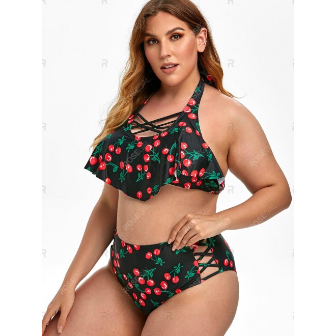 Plus Size Crisscross Cherry Print Tankini Swimwear
