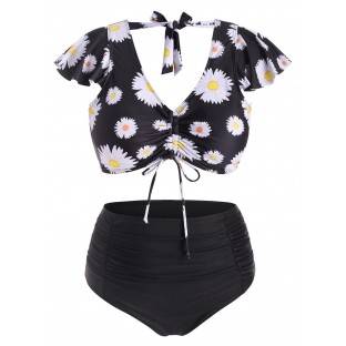 Cinched Front Tie Back Daisy Print Plus Size Two Piece Swimsuit