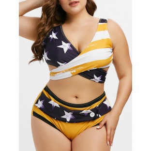 Plus Size Patriotic American Flag Print High Waist Wrap Tankini Swimsuit