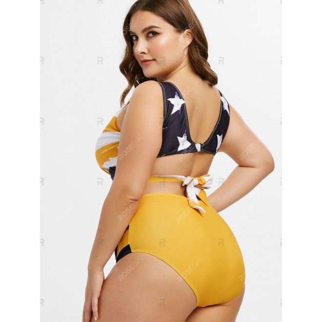 Plus Size Patriotic American Flag Print High Waist Wrap Tankini Swimsuit