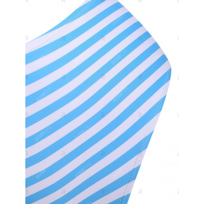 Flounces Strappy Leaves Print Stripes Plus Size Tankini Swimwear