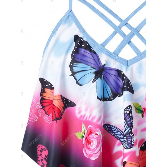 Plus Size Floral Butterfly Print Crisscross Tankini Swimsuit