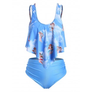 Plus Size Angel Cherub Print High Rise Tankini Swimsuit
