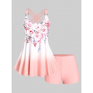 Plus Size & Curve Ombre Color Floral Print Crisscross Modest Tankini Swimsuit