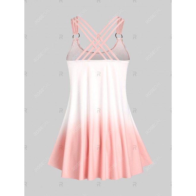 Plus Size & Curve Ombre Color Floral Print Crisscross Modest Tankini Swimsuit
