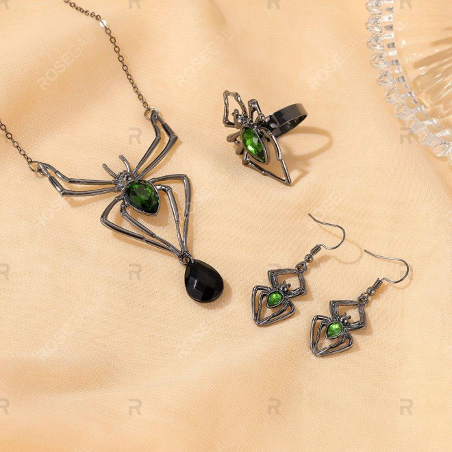 4Pcs Gothic Spider Pendant Necklace Earrings and Ring Accessory Set